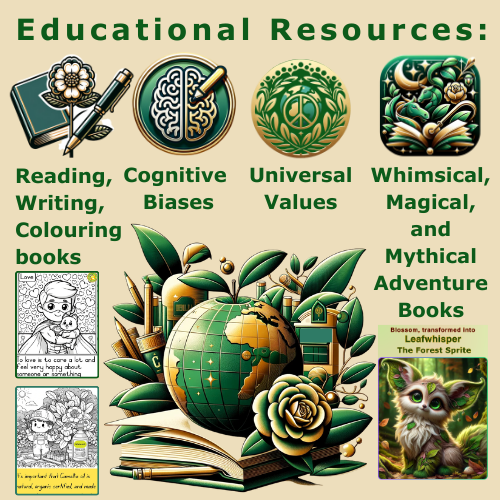 A collage illustrating CamelliaGlobal's comprehensive educational resources, including the Camellia Oleifera journey, values for children, and cognitive biases exploration