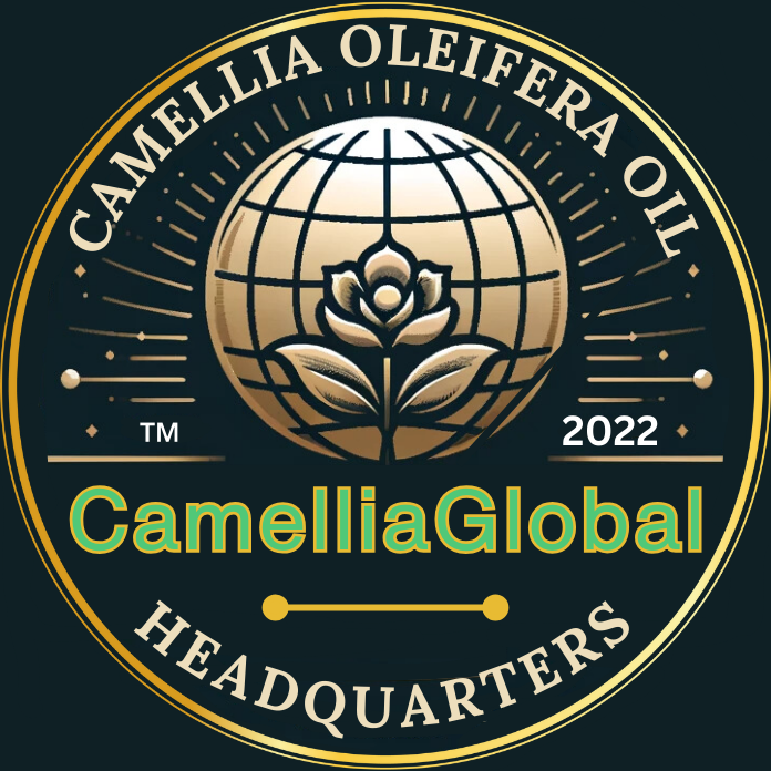 Official logo of CamelliaGlobal featuring a gold Camellia Oleifera flower over a globe, with 'CamelliaGlobal Headquarters' and 'TM 2022' around the emblem